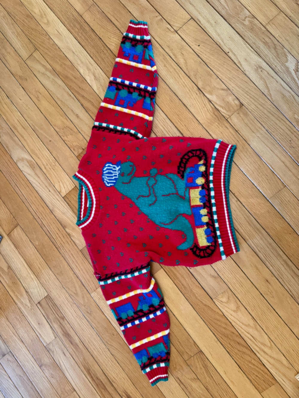 VINTAGE Red Dinosaur Sweater with Train